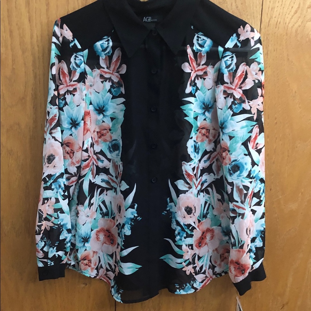 🆕AGB Black Button-Down Sheer Blouse with Aqua & Coral Floral Print  SIZE MP